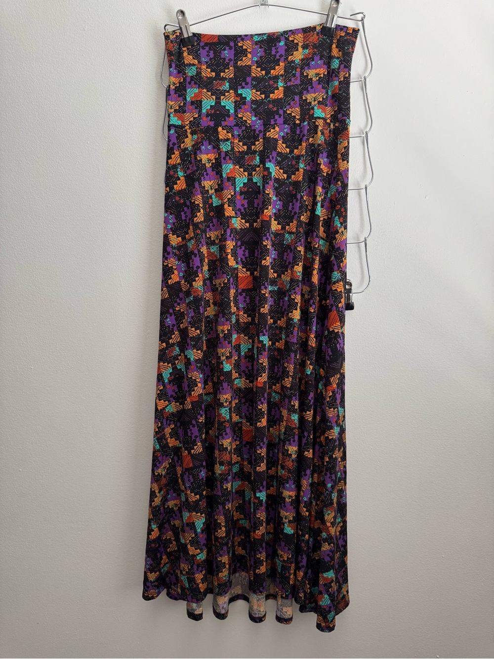 LuLaRoe Black Maxi Skirt with Purple, Orange and Teal Floral-Geometric Print